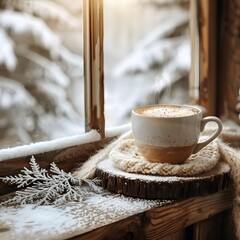 Cozy Winter Morning Embrace with Steaming Coffee by Frosty Window