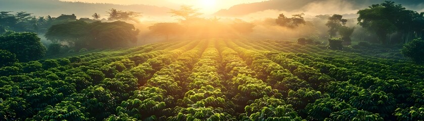Aerial View of a Vibrant Coffee Plantation at Sunrise with Lush Rows of Coffee Trees Bathed in Golden Light Showcasing the Beauty and Productivity of