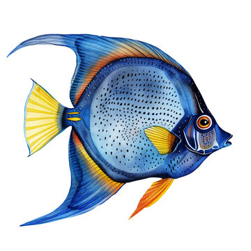 recommend clip art: Tropical fish watercolor painting isolated on white background. A blue tang  fish watercolor illustration, clipart, blue fish.