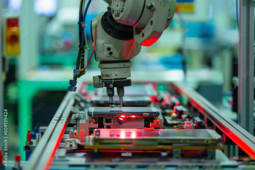 Poster a robotic arm is working on a cell phone in a factory