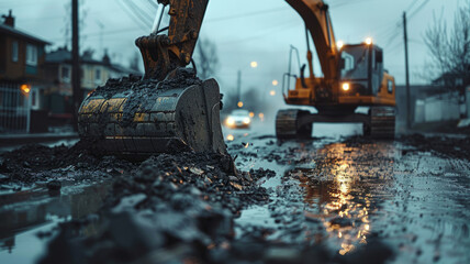 Fototapeta premium Excavator on a road construction site at dusk
