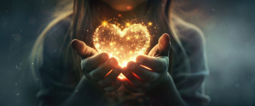 Heart in the hands of a child. Selective focus.