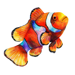 Tropical fish watercolor painting isolated on white background. Clown fish