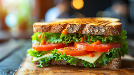A close-up of a sandwich on a wooden board.