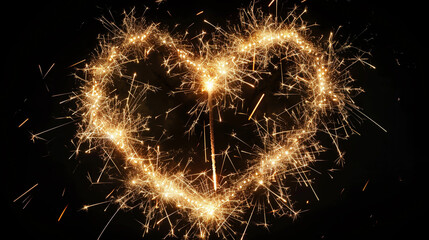 A heart shape created from sparkling sparklers against a black background