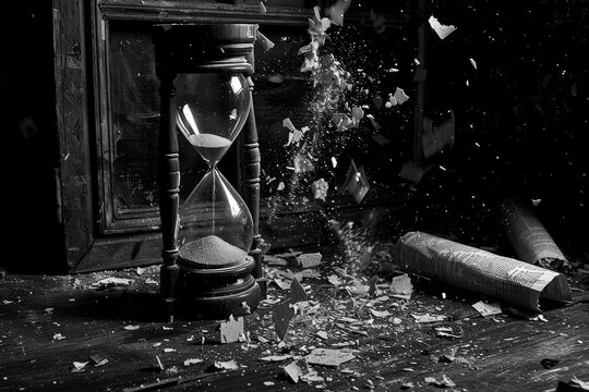 Shattered Hourglass With Fragments Frozen In Time. Generative AI