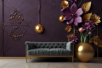 3D Wallpaper mural Design with Floral and Geometric Objects gold ball and pearls, gold jewelry wallpaper purple flowers . leather background. will visually expand the space in a small room, bring more