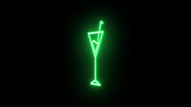 Neon cocktail sign animation, rotation around vertical axis. Glowing neon 3D martini icon, looped spin. Night cocktail, martini glass, alcohol bar, drinks menu, summer party. Green, yellow, orange