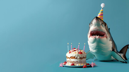Shark wearing a birthday hat in front of cake on blue background
