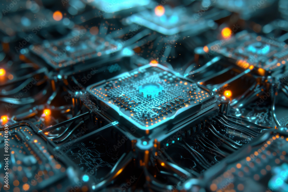 Poster a close up of a circuit board with a cpu in the middle