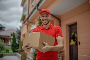 Smiling Delivery Man in Red Uniform Holding a Package.