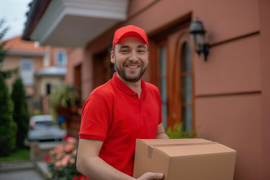 Cheerful Delivery Man in Red Uniform Holding a Parce