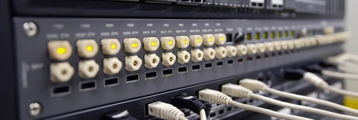 Detailed view of a network switch panel, showing various ports, cables, and indicators