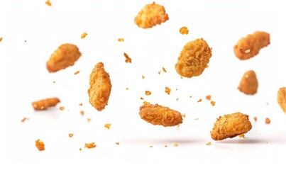 chicken nuggets flying in the air, on white background.