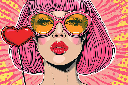 Beautiful girl with a pink bob hairstyle wearing pink glasses. Retro mood postcard