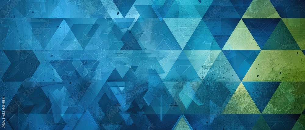 Poster geometric arrangement of triangle layers on a blue and green backdrop in an abstract design.