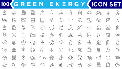 Set of green energy thin line icons. Icons for renewable energy, green technology. Design elements for you projects. Vector illustration