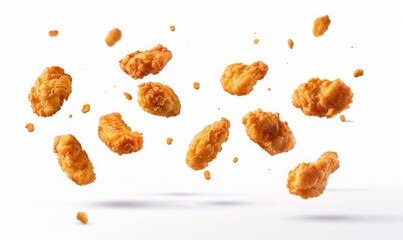chicken nuggets flying in the air, on white background.
