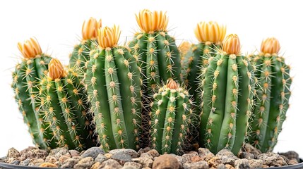 A beautiful green cactus with yellow flowers is sitting in a pot of rocks. The cactus is healthy and has many sharp spikes.