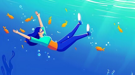 Obraz na płótnie Canvas Jubilant Woman Descending into Marine Realm with Vibrant Marine Life in Ocean