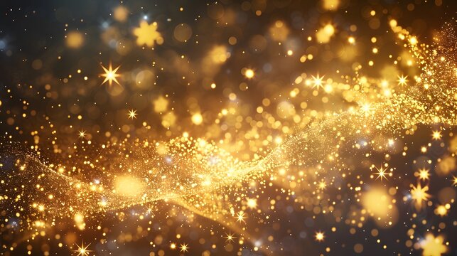 Abstract background with gold stars, particles and sparkling on navy blue. Christmas Golden light shine particles bokeh on navy blue background. 2024 New year background.  Gold foil texture..
