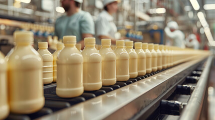 Bottles on a conveyor belt in factory.
