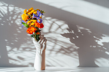 Ceramic Vase made in the shape of human hand with multicolor various flower bouquet on white table...