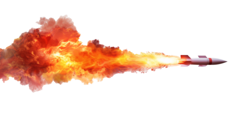 A missile with fire trail on transparent background.