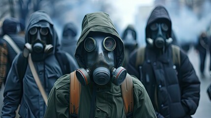 A group of people in gas masks. Selective focus.