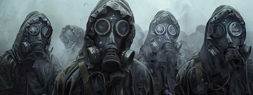 A group of people in gas masks. Selective focus.