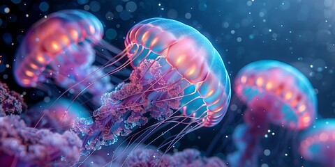 Exotic jellyfish dance, their fluorescent tentacles painting an abstract underwater masterpiece of...