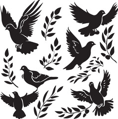 Birds Black Silhouettes on a Tree Branch