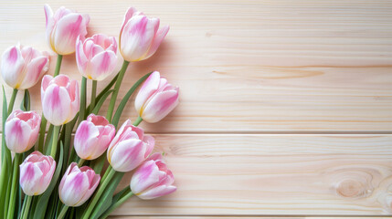 Elegant pink and white tulips arranged on a natural light wooden background with space for text, perfect for spring themes
