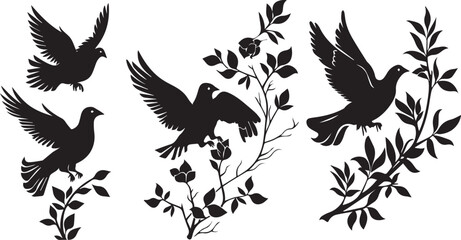 Birds Black Silhouettes on a Tree Branch