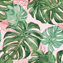 Lush Pink and Green Leaves Create a Vibrant Pattern Against a Clean White Canvas