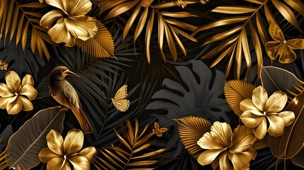 Beautiful tropical vintage palm leaves, trees, gold flowers, birds and jungle animals. floral pattern on the black background. Exotic jungle wallpaper..
