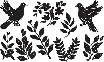 Birds Black Silhouettes on a Tree Branch