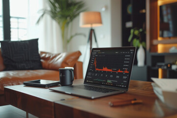 A laptop with a graph on the screen is open on a wooden table