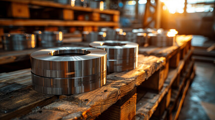 Metal machine parts on wooden pallets