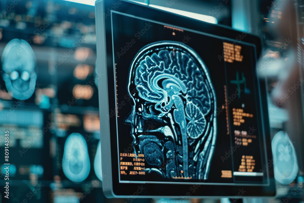 Poster a computer monitor displays an image of a human brain