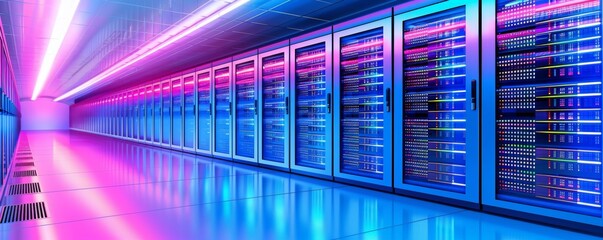 A long row of servers neatly aligned in a data center, providing computational power and storage capabilities for digital information