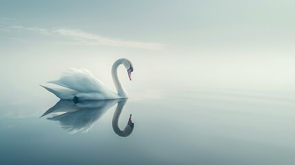 A graceful swan gliding across a perfectly still lake, its reflection mirrored on the pristine...