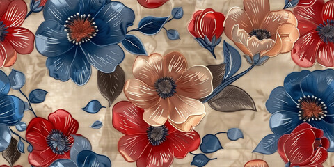 Rustic Charm: Vintage Floral Pattern with Red and Blue Flowers on Textured Background