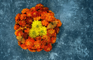 butterflies and floral mandala of orange flowers on abstract dark background. cempasuchil flowers -...