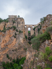 Scenic views Puente Nuevo bridge from Mirador La Hoya Del Tajo lookout in Ronda in the Andalusia region of southern Spain