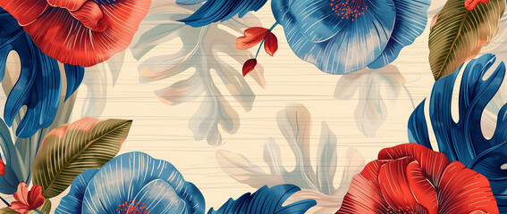 Serene Botanical Canvas: Delicate Floral Array with Red and Blue Tones on Striped Background - obrazy, fototapety, plakaty