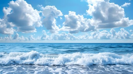 waves in the ocean. Powerful foamy sea waves over water surface against cloudy blue sky.