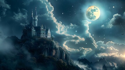 Fototapeta premium a castle in the sky with a full moon, fantasy art, epic mystical dreamlike fantasy landscape. Old castle on the hill. digital fantasy art. Fantasy wallpaper, vintage.