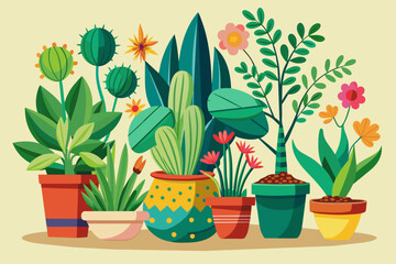 Vivero lleno de plantas y cactus. Macetas con flores y hojas grandes. Naturaleza.