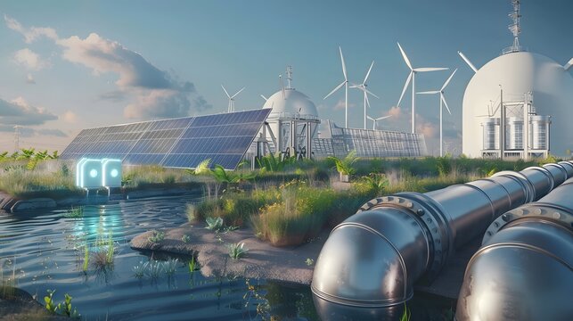 A concept for green hydrogen production, showing a pipeline carrying hydrogen with wind turbines and solar panels in the background..